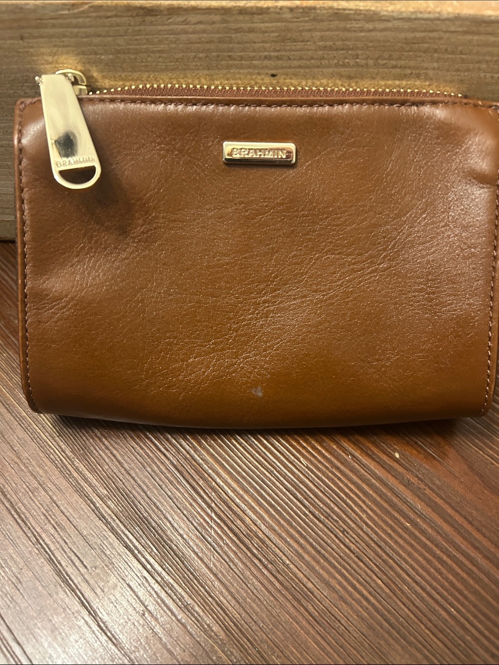 Brahmin Cognac Brown Leather Zip Card Wallet with Gold Trim